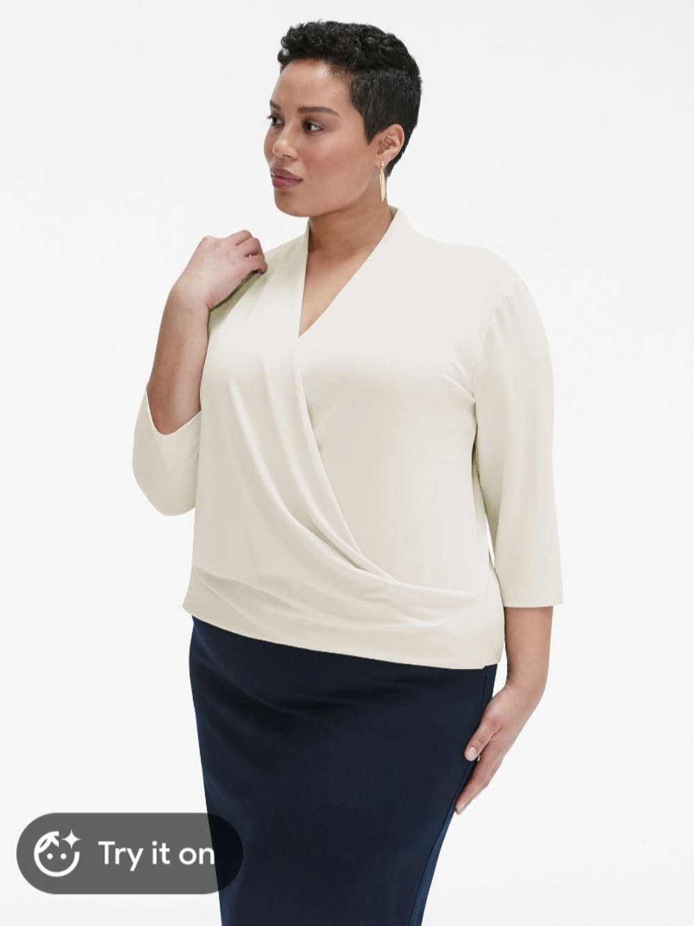 MM Lafleur The Deneuve Top Surplice 3/4 Sleeve L Faux Wrap Crepe Stretch Office